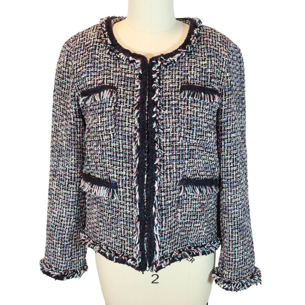 J CREW Lady Metallic Tweed Jacket in Black Rainbow Multi Fringe Size 4